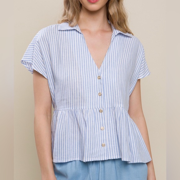 3/$25! NEW! Women’s Boutique Classic Carol Button Up Striped Linen Peplum Top M - Picture 3 of 16
